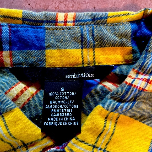 Yellow and blue cotton flannel button-down shirt. - Picture 2 of 2